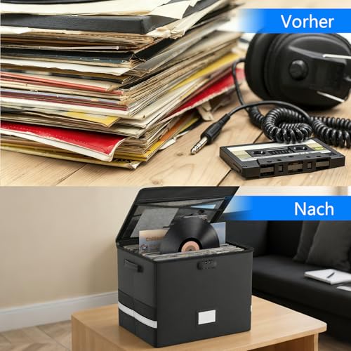 Feuerfest Schallplatten Aufbewahrung Box, Plattenkoffer mit Mit Deckel Griffen Und Schloss Für Bis zur 100+ Schallplatten, Zusammenklappbare Vinyl Schallplattenkoffer für Aufbewahrung Wertvoller Alben