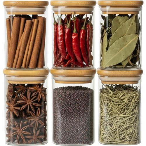Image of ginoya brothers Airtight Borosilicate Glass Square Jar With Wooden Or Steel Lid Multi-Size, Container for Spices, Coffee, Grains, Snacks & Kitchen Organization (6, WOODEN LID, 270 ML)