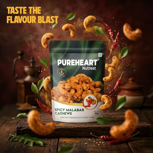 Image of Pureheart Spicy Malabar Cashews 80g | Roasted Masala Kaju with Curry Leaves | Premium Crunchy Flavored Cashew Nuts | Healthy Snack, Protein Rich Dry Fruits | Spicy Roasted Nuts Pack