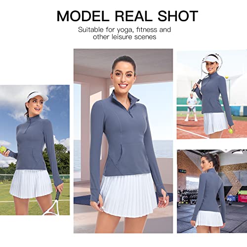 Women's 1/4 Zip Pullover Microfleece Jackets Long Sleeve Mock Neck Sweatshirt Tops With Pockets For Running Hiking Blue #TOP4