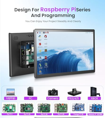Image of 10.1 Inch Touchscreen Monitor with case for pi, 1280x800 HD IPS Portable HDMI Touch Screen Display for Raspberry Pi 5 /4B /3B+ /3B /B+ Jetson Nano Win11 /10 /8 /7 PC Laptop, Dual-Speaker, Fan