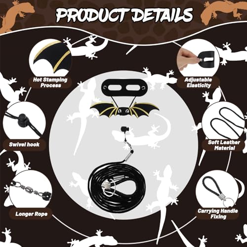 Image of Bearded Dragon Leash and Harness Set, Adjustable Bearded Dragon Harness with 3 Size(S, M, L), Soft Lizard Reptile Leash with Gold Black Wing for BeardedDragon Lizard Reptiles