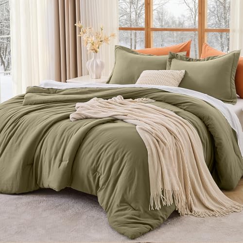 Image of MUXHOMO Full Comforter Set, All Season Ultra Soft Down Alternative Bedding - 3 Piece Lightweight Bed Set Includes 1 Comforter (82 inchx86 inch) and 2 Pillow Shams (20 inchx26 inch), Olive Green