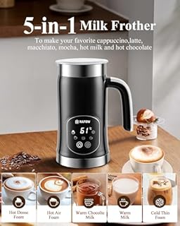 5-in-1 Milk Frother Electric Steamer: Automatic Magnetic Foamer with Hot Foam Cold Froth for Cappuccino Latte Matcha - 350ml Large Capacity Milk Warmer Chocolate Heater Stainless Steel