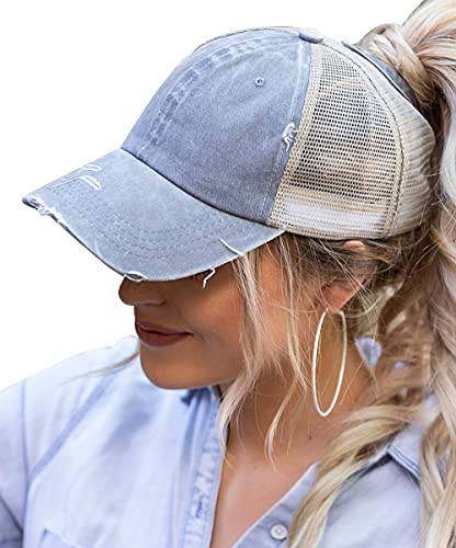 Promindfun Womens Ponytail High Messy Bun Hats Distressed Baseball Caps Unconstructed Washed Dad Hat Girls Trucker Ponycaps (02-Light Gray) #TOP9