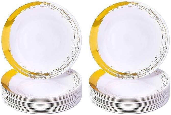 Platos de postre de plástico con borde de pincel dorado para fiestas 10 piezas juego de cena desechable resistente de 75 pulgadas platos de aspecto