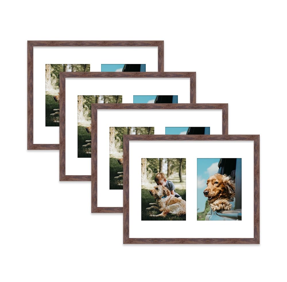 Walnut Multi Photo Frame - Holds 2 x 7x5 Pictures, Family Collage Picture Frame for Wall Display, 14x11 Frame size, Set of 4