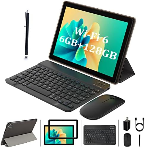2023 Newest 2 in 1 Tablet 6GB RAM 128GB ROM 1T Expansion,10 inch Tablet with Keyboard, wifi 6 Android 11 Tablets PC, IPS Screen, Dual Camera, 6000mAh Battery Computer Tablet with Case, Stylus