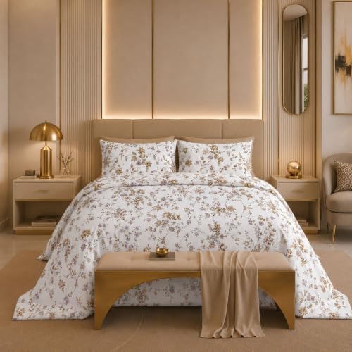 Image of Jaipur Weaves Cotton Linen Feel King Size Bedsheet 108x108 Super King, 100% Pure Cotton Bed Sheet with 2 Pillow Covers, 300 TC Soft Breathable Floral Design Bedding -(Vintage Mustard, Super King)
