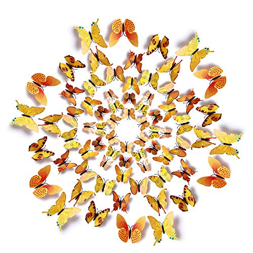 Amaonm 60 Pcs 5 Packages Beautiful 3D Butterfly Wall Decals Removable DIY Home Decorations Art Decor Wall Stickers & Murals for Babys Bedroom Tv Background Living Room (Yellow)