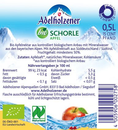 Adelholzener Bio Apfelschorle 12x0,5 l