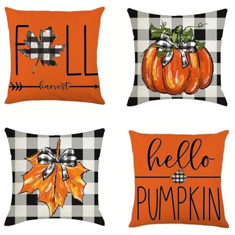 LEIOH Fall Pillow Covers 18x18 Set of 4 Thanksgiving Buffalo Check Farmhouse Decorations Orange Pumpkin Maple Leaves Throw Cushion Case for Home Cover