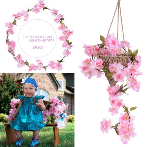Image of Artificial Cherry Blossom Garland | Set of 2 String Hanging Vine | Faux Flowers for Home Garden Party Decor | Hanging Blossom Garland for Wedding Indoor Outdoor Decoration, Pink