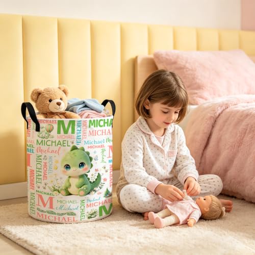 Image of Custom Dinosaur Laundry Hamper, Personalized Laundry Basket with Name, Customized Dirty Clothes Basket for Clothes Toy Bathroom Bedroom Storage,S-16.5 inchX 13.8 inch