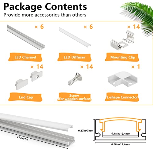 Rkson U Shape Led Channel - 6 Pack 3.3Ft/1M Led Diffuser Channel With Milky Cover & Complete Mounting Kit - Thicker Silver Aluminum Channel For Led Strip Lights - Easy To Install, X164 #TOP3