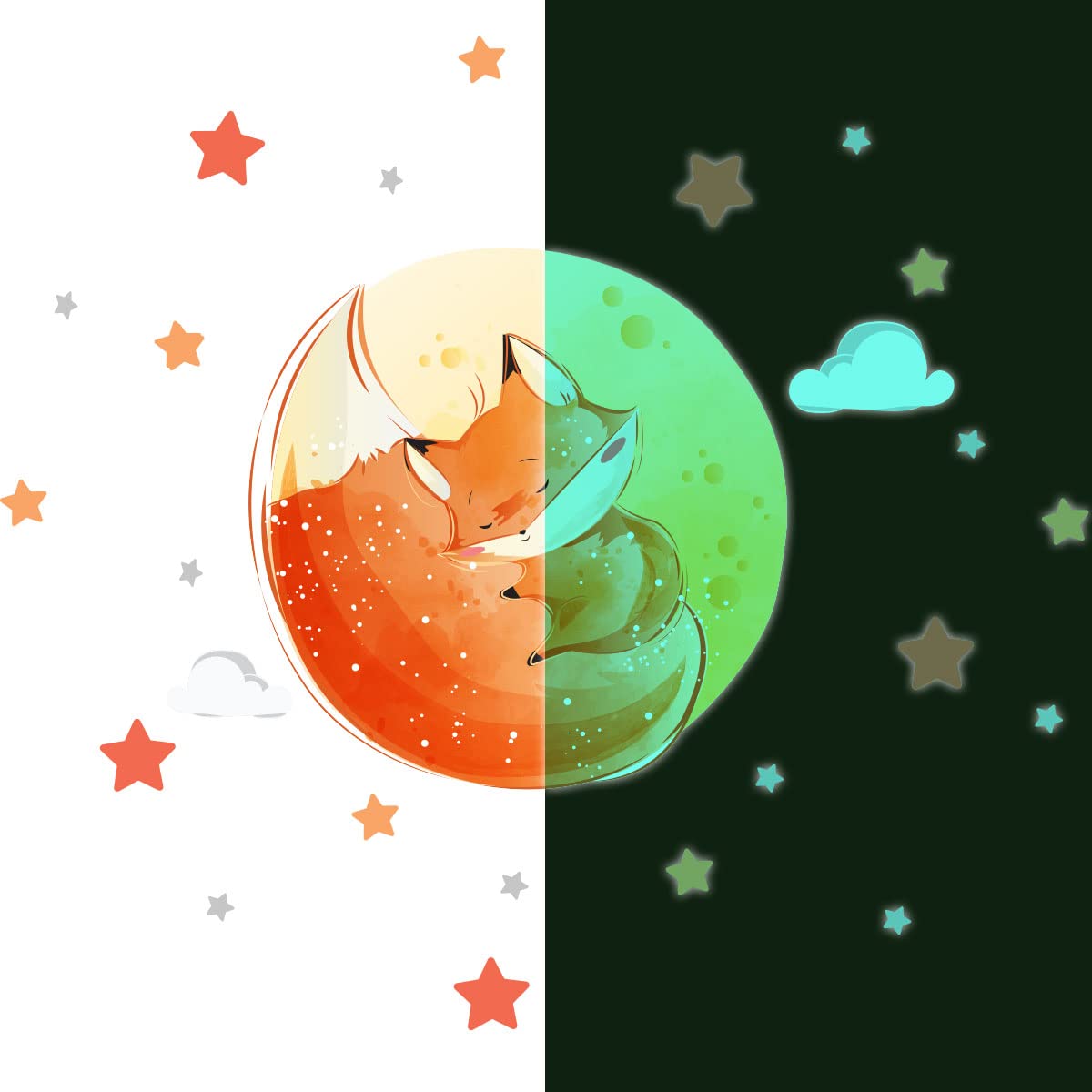 Ambiance Luminous Luminous Naklejka - Dream Fox - Naklejka ścienna Sufitowa Dziecko Fluorescencyjna | H30 x L40 cm + 50 gwiazdek