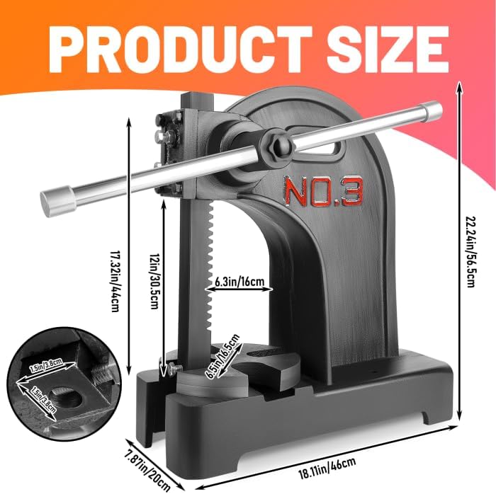 3 Ton Arbor Press, Manual Hand Tool with 12 inch Maximum Working Height, Cast Iron Heavy-Duty Benchtop Press with Reversible Ram, Precision Press Machine for Stamping, Bending and Forming