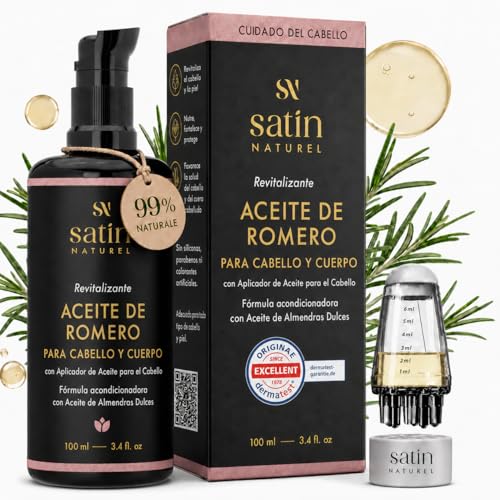 Satin Naturel Aceite de Romero Bio para el Cabello 100 ml – Aceite Capilar de Romero para Cuero Cabelludo y Cabello – con Aceite de Girasol y Almendra – con Aplicador para Masaje del Cuero Cabelludo