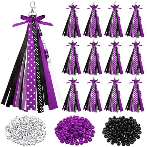 Nosiny 12 Pcs Cheer Keychains Cheerleader Gifts for Team Personalized DIY Bead Ribbon Keychain Kit Cheer Bag Tags for Women(Purple, Black)