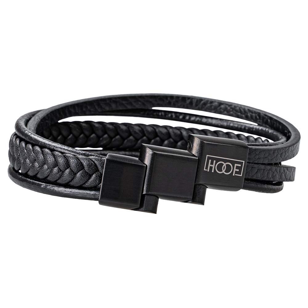 HOOF | Herren Armband aus echtem Leder Schwarz/Braun | geflochtener Armreif | 19,5cm - 27cm | Magnetverschluss Edelstahl | Edle Schmuckschachtel Box | Geschenk für Männer, Freunde, Partner bis XXXL