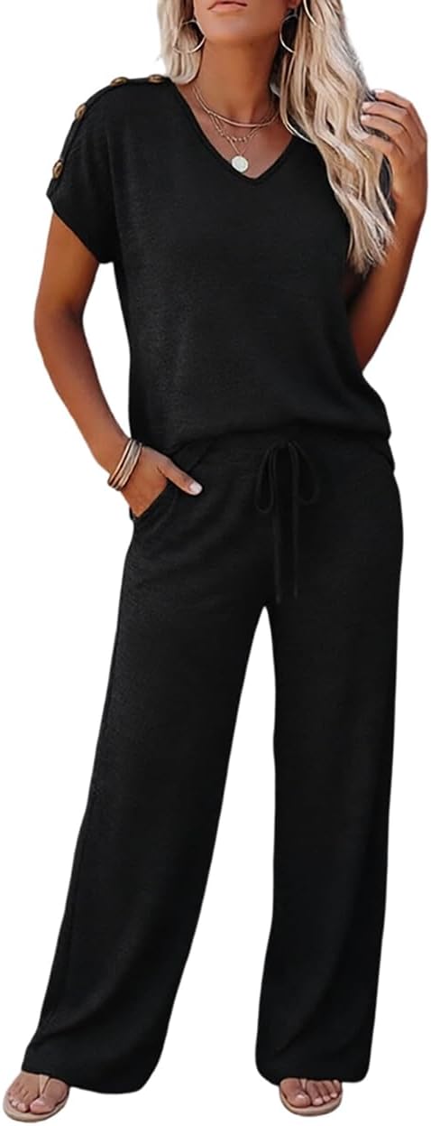CHICME Women's Two Piece Lounge Set V-Neck Short Sleeve Top and Wide-Leg Pants Outfits for Home Travel Casual