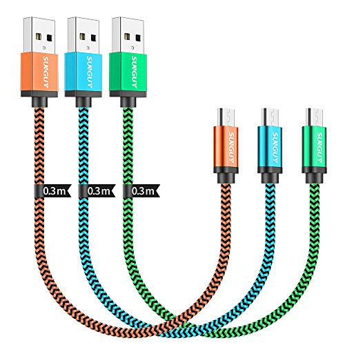 SUNGUY Korte Micro-USB-kabel 0.3m [3 pack] Gevlochten USB 2.0 Micro snellaadgegevenskabel Android-oplaadkabel voor Samsung Galaxy S7 J7, Moto G5, Kindle Fire, Tablet