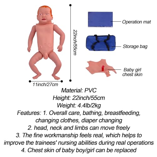 Image of DRXRD Newborn Infant Care Model, Full Body Baby Nursing Manikin with Replaceable Gender Skin and Storage Bag for Nursing Medical Training Teaching Supplies