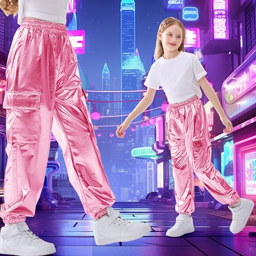 Image of Rolanko Girls Shiny Metallic Cargo Pants, Sparkle Jogger Pants for Girls Hip Hop Dance Streetwear Cargo Trousers 6-15 Years