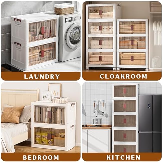 60GAL/240QT 4 Tier Large Stackable Storage Bins with Lids and Wheels, Collapsible Storage Bins Plastic with Doors, Suitable for Clothes, Closet, Home and Office