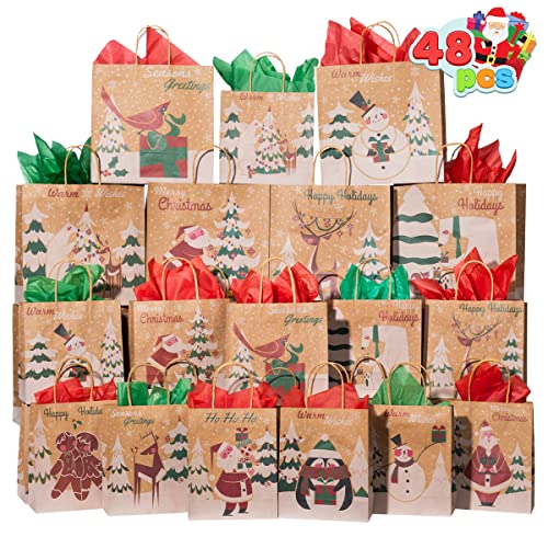 48 pcs. Christmas Kraft Gift Bags with Assorted Christmas Prints for Kraft Bags in Different Sizes, Christmas Goody Bags, Xmas Gift Bags, School Classrooms, and Party Favors