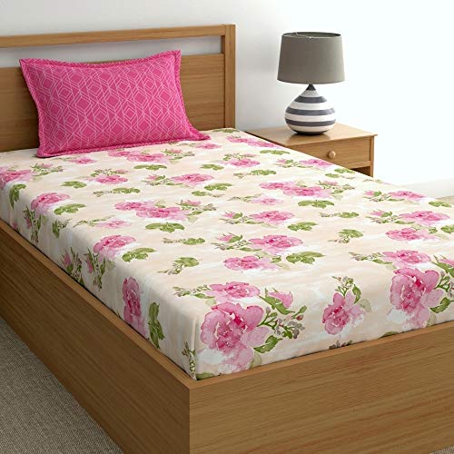 Image of Dreamscape 100% Cotton Bedsheet for Single Bed, 186 TC, 1 Bed Sheet (Size 59 x 87 inches) with 1 Pillow Cover - Pink