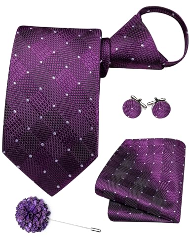Image of Hi-Tie Zipper Ties for Men Pre-tied Tie Set Lapel Pin Pocket Square and Cufflinks Formal Business Wedding Adjustable Necktie