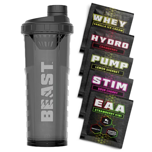 Beast Pharm Beast | Protein Shaker Bottle Sports Supplements Samples | 5 Sachets + 1000ml Shaker Gym Gift Set | Stim, Pump, Whey, Hydro and EAA