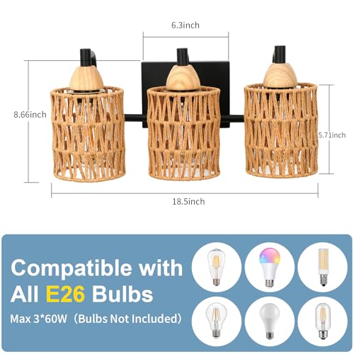 Image of FRIDEKO HOME Farmhouse 3-Light Bathroom Vanity Light - Rattan Light Fixtures Wall Sconce Bathroom Lighting Fixtures Over Mirror with Boho Woven Lampshade for Bedroom Living Room Hallway