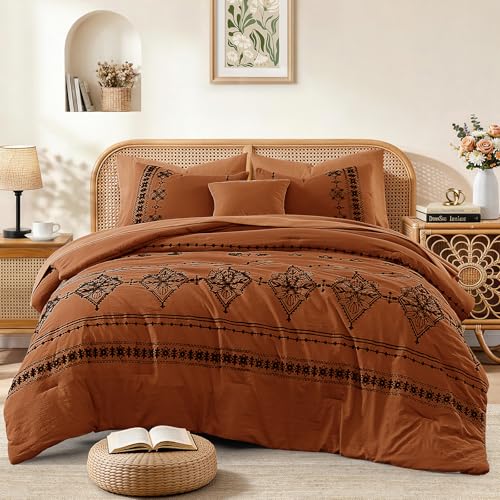MaiRêve Queen Size Comforter Set Burnt Orange, Embroidery Floral Western