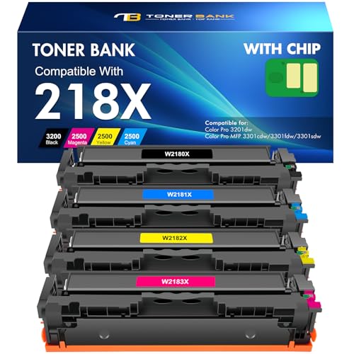 Image of 218X 218A Toner Cartridges 4 Pack High Yield with Chip 3201dw 3301fdw Compatible Replacement for HP 218X 218A Color LaserJet Pro MFP 3301cdw 3301sdw Printer Ink Set W2180X (Black Cyan Yellow Magenta)