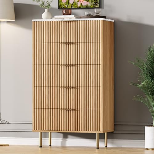 GarveeHome 5 Drawers Dresser for Bedroom, Fluted Dresser Chest of Drawers with Handle, Wood Modern Dressers for Closet, Bedroom Furniture Storage Organizer for Living Room, Hallway