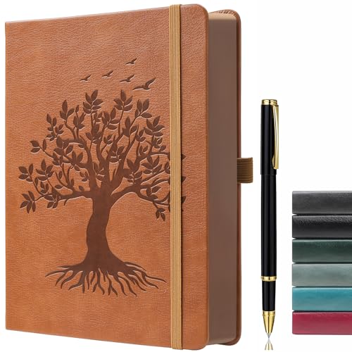 ZXHQ B5 360 Seiten linierte Tagebuch-Notizbücher mit Stift, Tagebücher für Frauen und Männer, Schreibnotizbuch, Lebensbaum-Design, brauner Rand, feine Innentasche - Hellbraun