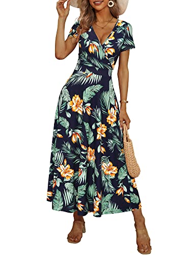 HUHOT Women's Short Sleeve Wrap V Neck Dresses for Wedding Guest Summer Floral Maxi Sundresses with Pockets Boho Dress