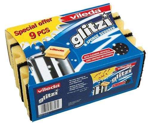 Vileda Glitzi Crystal Scourer Sponge 9 Pc, Antibacterial, Long Lasting, Hygienic - Yellow And Black (9 Pc Per Pack)
