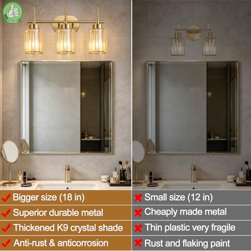 Image of Modern Crystal Bathroom Light Fixtures Over Mirror, 3-Light Brushed Gold Bathroom Vanity Light with Amber Glass Shades, Modern Vanity Lights for Bathroom, E26 Base, Bulbs Not Included
