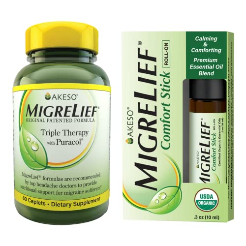 Nutritional Support & Comfort Kit for Migraine Sufferers - MigreLief Original Daily Triple Therapy Formula Plus MigreLief Comfort Stick Essential Oils Roll-On (10ml) - 1 Month Supply.