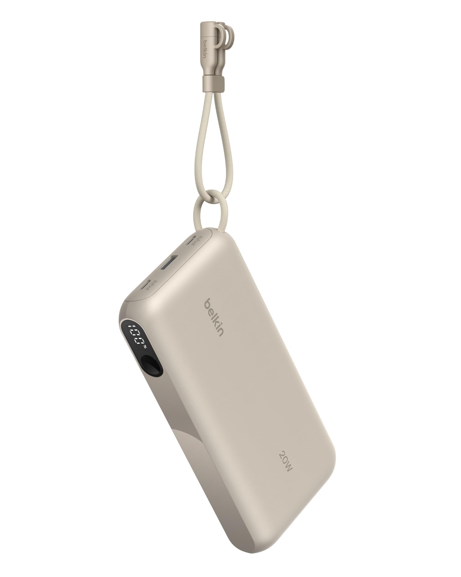 Belkin BoostCharge Batería Externa 20000 mAh con Pantalla Digital - Arena | Power Bank de 20000 mAh, 2 Puertos USB-C y 1 USB-A, 20 W, Apta como Equipaje de Mano, Precargada y Cable USB-C Extraíble