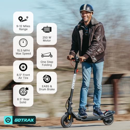 Gotrax Electric Scooter for Adults, Max 12 Mile Range & 15.5Mph by 250W Motor, 8.5″ Front Air & Rear Solid Tires, Max Load 220lbs & Big Display with Cruise Control, Foldable EScooter EABS & Drum Brake