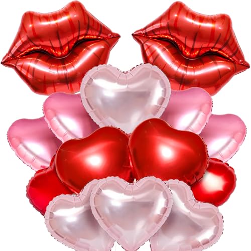14 Pcs Valentines Day Balloons, Huge Red Pink Heart Lip Aluminum Foil Balloons for Valentine's Day, Birthday, Baby Shower, Wedding, Engagement Party Decoration Supplies
