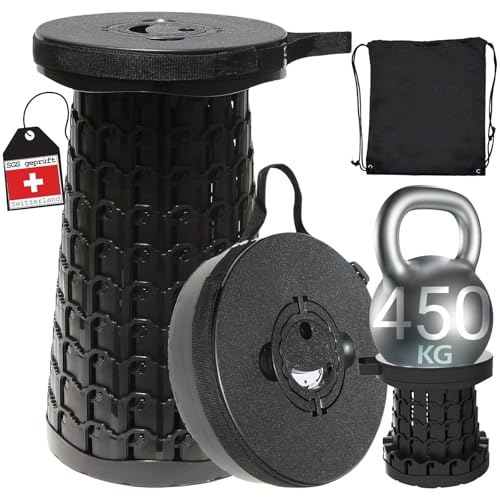 COOLYNX Tragbarer Mini Teleskop-Klapphocker, Verbesserter Dickerer Zusammenklappbarer Hocker, 450 kg belastbar Lightweight Folding Stool, Ideal für Camping, Angeln, Wandern, Grillen (Schwarz)