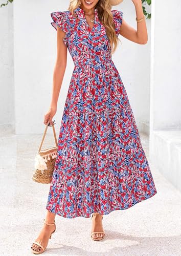 Image of PRETTYGARDEN Women's 2026 Summer Floral Midi Dress Cap Sleeve V Neck Ruffle Long Flowy Boho Casual Beach Vacation Dresses