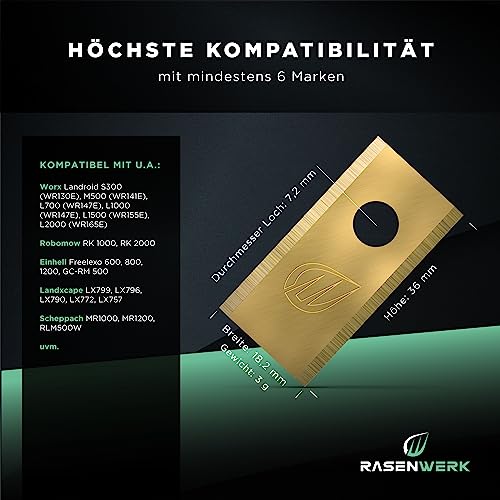 RASENWERK® - Hochwertige Mähroboter Messer mit passenden Schrauben - Universal Ersatzklingen Ersatzmesser für die Marken WORX, LandXcape, Zoef Robot und Einhell – Rasenroboter Messerset – 12 Stk.