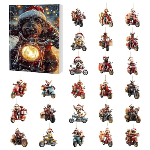 Dog Christmas Advent 2025, 24-Days Countdown Calendar, 2D Acrylic Ornaments, Holiday Dog Riding Motorcycle Charm, Pet-Themed Dec