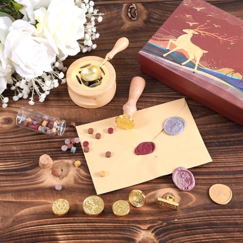 6stk Teiliges Siegelwachs-Stempelset, Wachsumschlag-Siegelstempelset mit Holzgriff Wachssiegelstempel-Geschenkbox-Set Briefwachssiegelstempelset für Karten Umschläge Hochzeitseinladungen